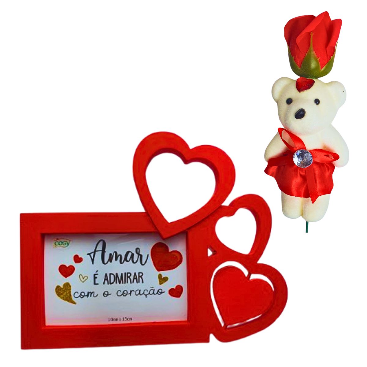 Kit Porta Retrato Coração Vermelho Amor Love + Botão Rosa Artificial C/Ursinho Kit Porta Retrato Coração Vermelho Amor Love + Botão Rosa Artificial C/Ursinho